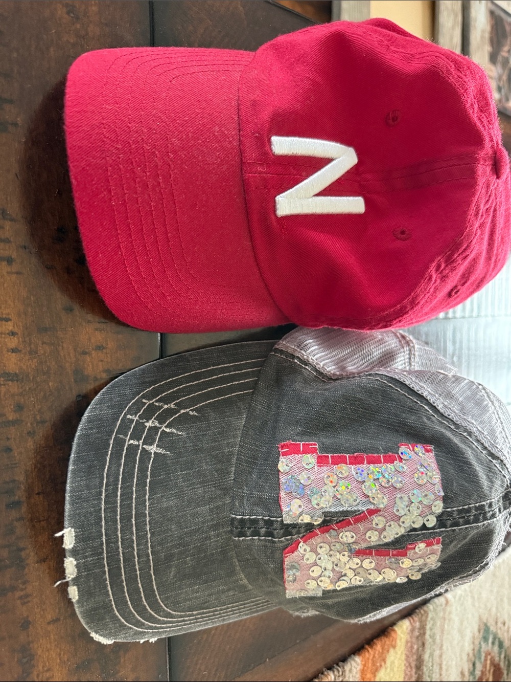 Red Baseball Cap with White 'N' + Distressed Black Sequin 'N' Cap Duo